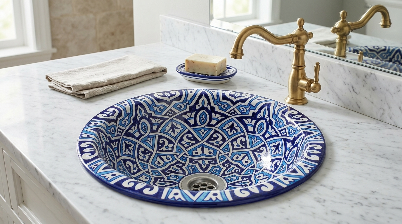 Moroccan Sink Washbasin Wash Basin Ceramic Handmade Blue with Free Waste (SW109)