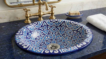 Moroccan Sink Washbasin Wash Basin Ceramic Handmade Blue with Free Waste (SW109)