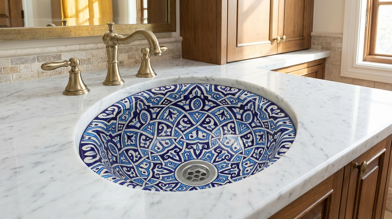 Moroccan Sink Washbasin Wash Basin Ceramic Handmade Blue with Free Waste (SW109)