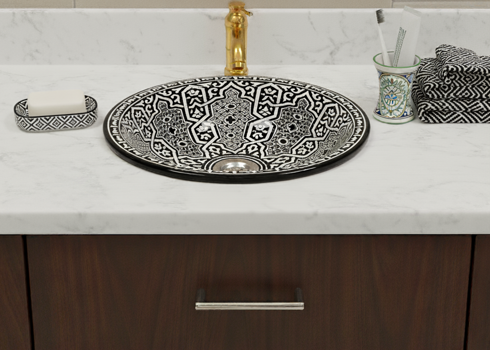 Moroccan Sink Washbasin Wash Basin Ceramic Handmade Black with Free Waste (SW124)