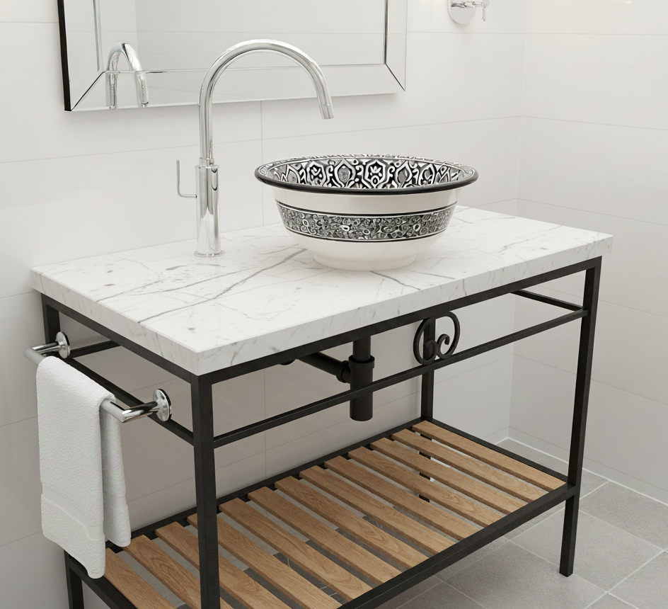 Moroccan Sink Washbasin Wash Basin Ceramic Handmade Black with Free Waste (SW124)