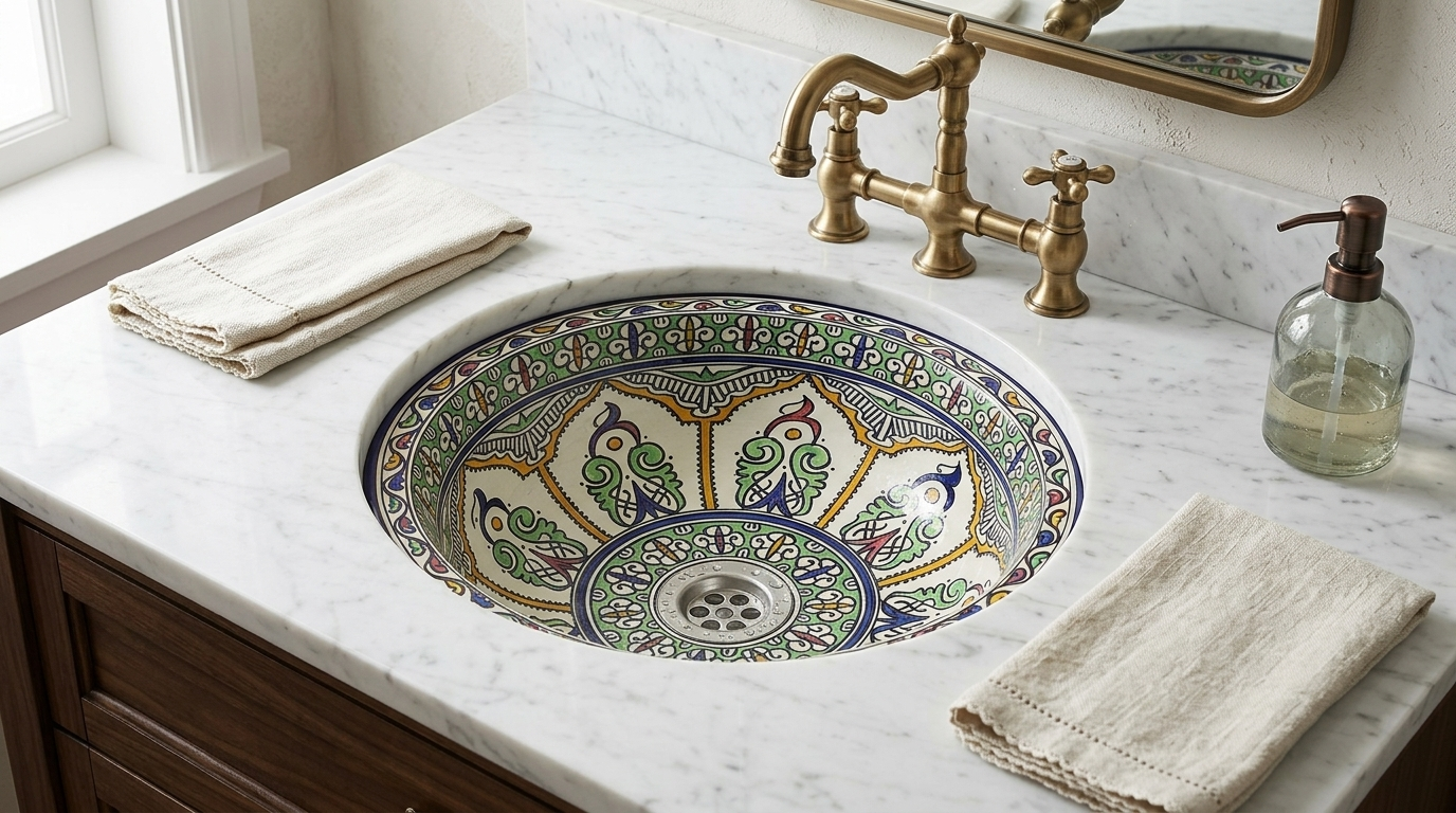 Moroccan Sink Washbasin Wash Basin Ceramic Handmade Multicolour Free Waste SW141