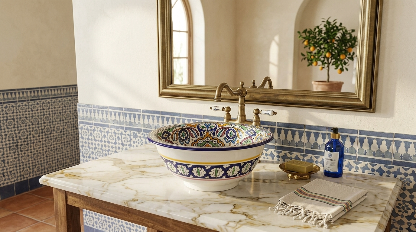 Moroccan Sink Washbasin Wash Basin Ceramic Handmade Multicolour Free Waste SW144