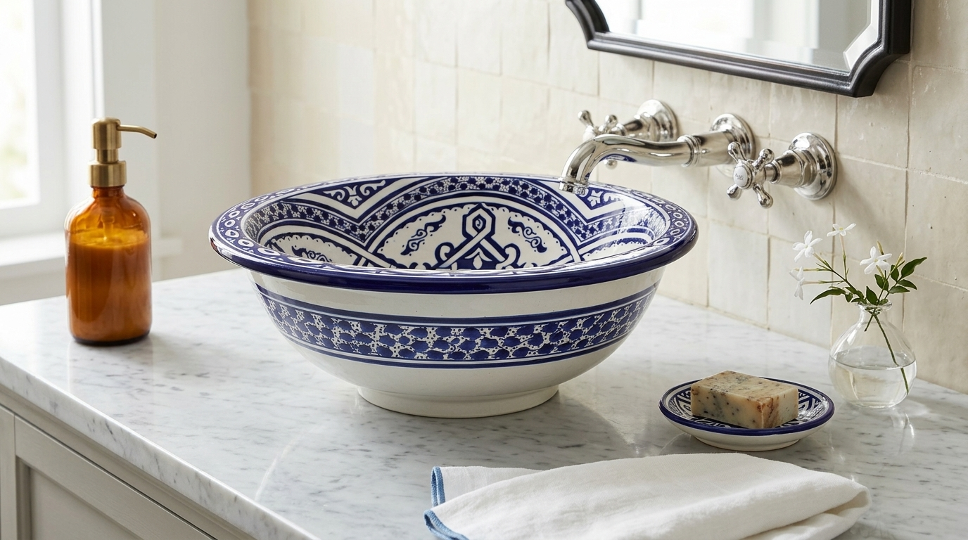 Moroccan Sink Washbasin Wash Basin Ceramic Handmade Blue with Free Waste (SW59)