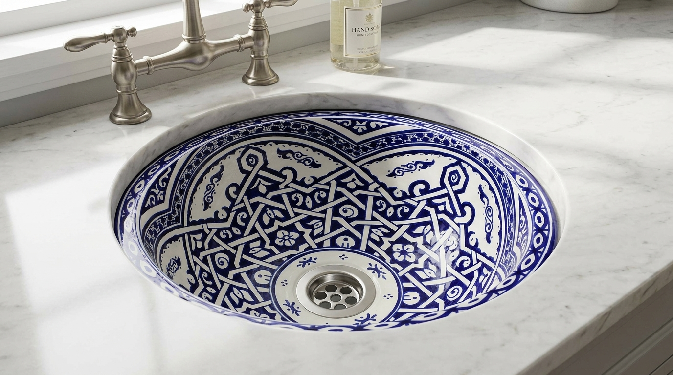 Moroccan Sink Washbasin Wash Basin Ceramic Handmade Blue with Free Waste (SW59)