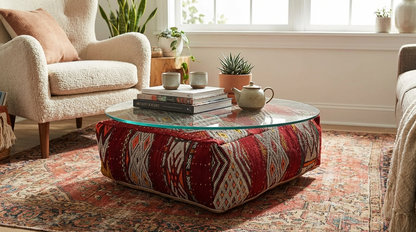 View of vintage Moroccan tribal red kilim pouf cover 60x60 cm used as a coffee table 