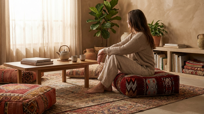 View of vintage Moroccan tribal red kilim pouf cover 60x60 cm used as a footstool in a cozy living room