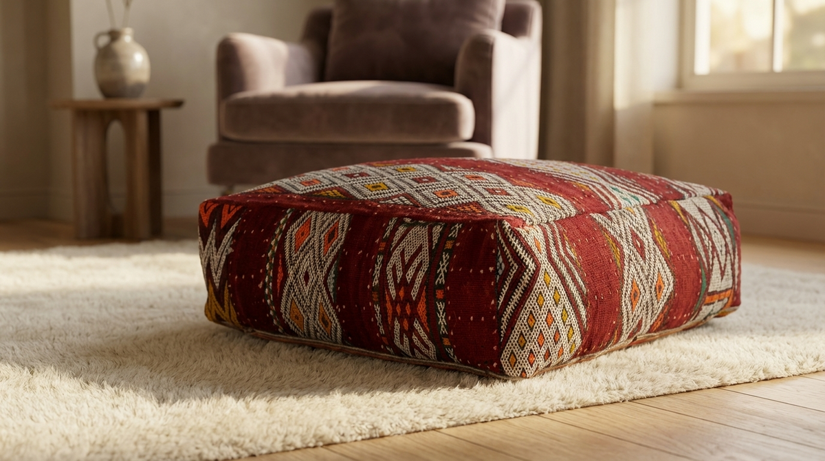 View of vintage Moroccan tribal red kilim pouf cover 60x60 cm in contemporary living room