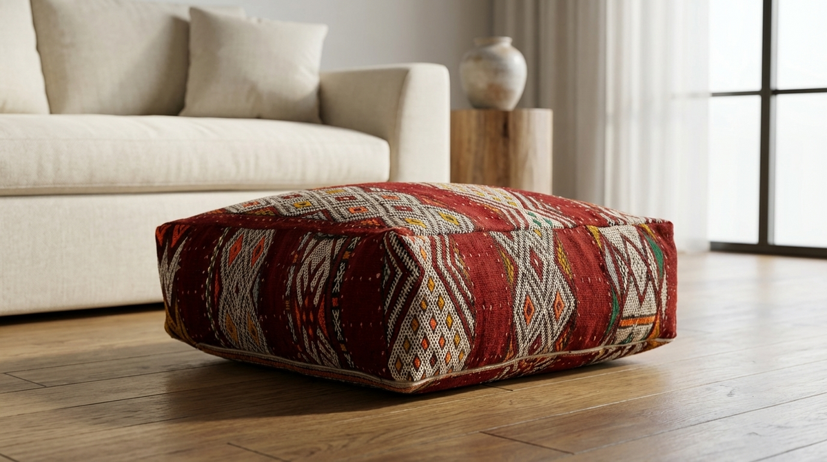 Close up view of vintage Moroccan soft red kilim pouf cover 60x60 cm in living room