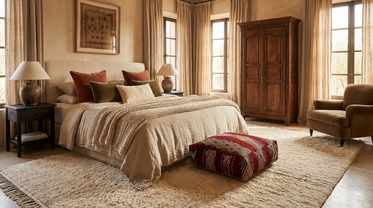 View of vintage Moroccan tribal red kilim pouf cover 60x60 cm in  chabi chic bedroom