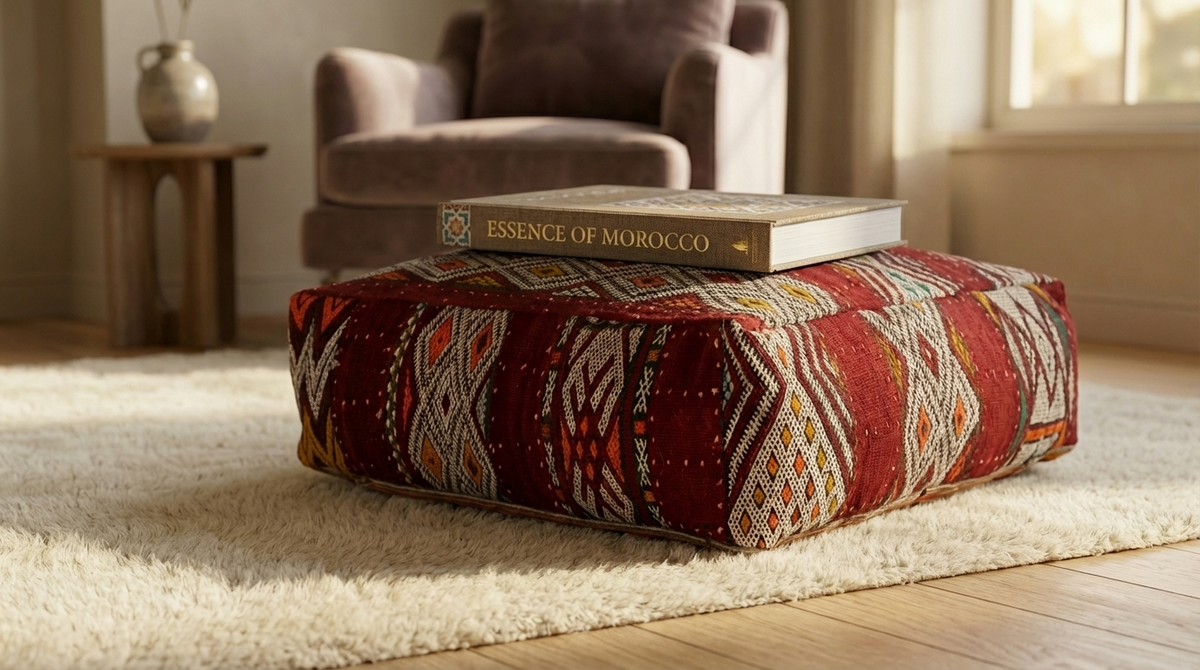 closei up view of vintage Moroccan geometric red kilim pouf cover 60x60 cm