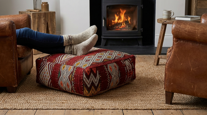 Vintage Moroccan Kilim Pouf Cover – Burgundy Geometric XL 60 x 60 x 20 cm