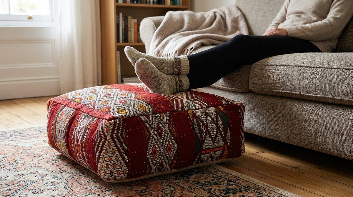 Vintage Moroccan Kilim Pouf Cover – Burgundy Geometric XL 60 x 60 x 20 cm