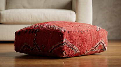 Close up view of vintage Moroccan red kilim pouf cover 60x60 cm  in living room