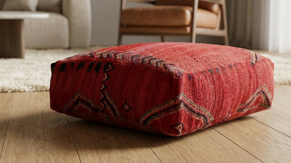 Close up view of vintage Moroccan red kilim pouf cover 60x60 cm on wood parquet