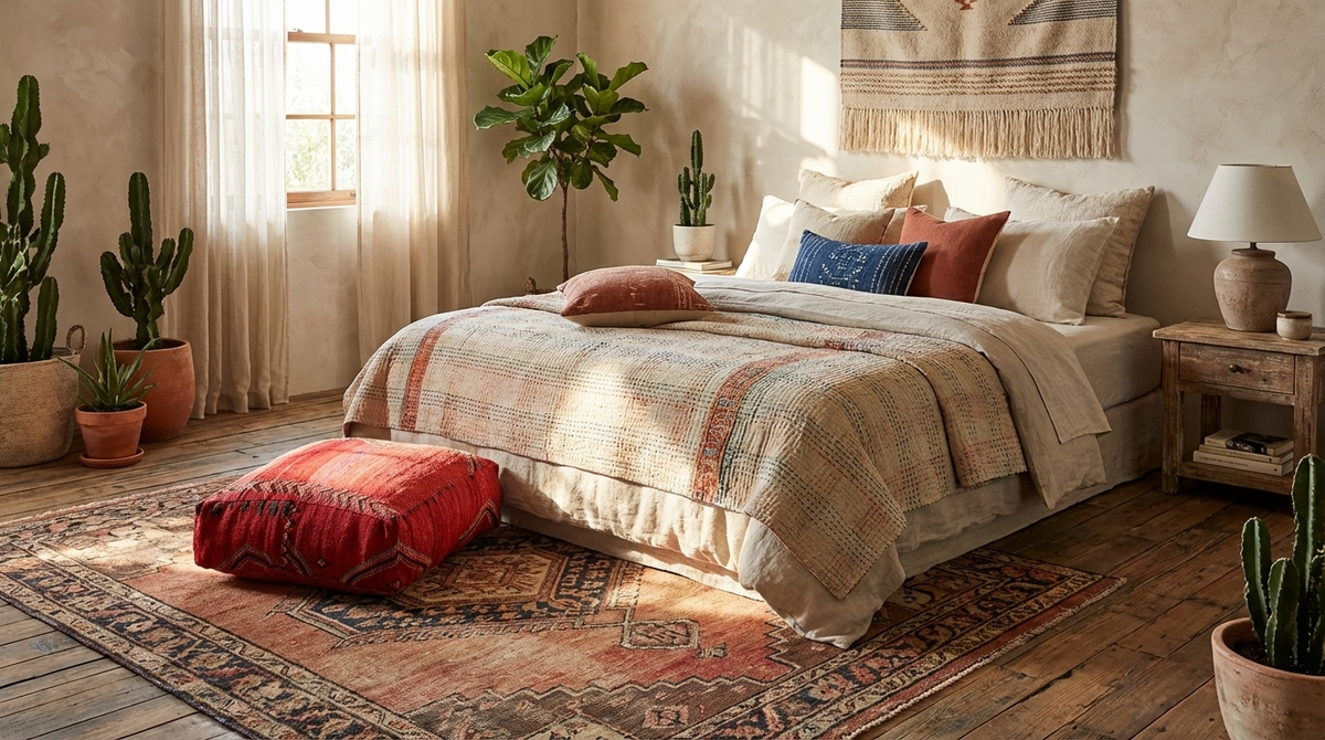 close up view of vintage Moroccan red kilim pouf cover 60x60 cm in bedroom