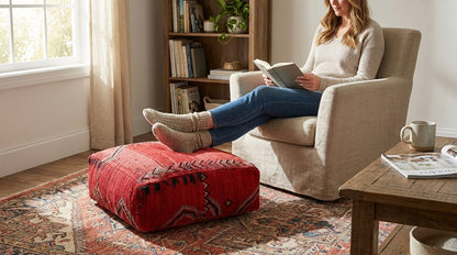 view of vintage Moroccan red kilim pouf cover 60x60 cm used as a footstool