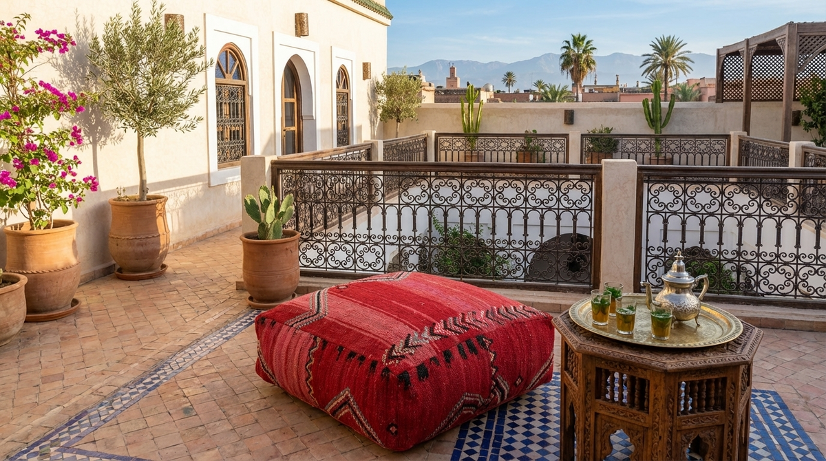 view of vintage Moroccan red kilim pouf cover 60x60 cm used as a floor cushion