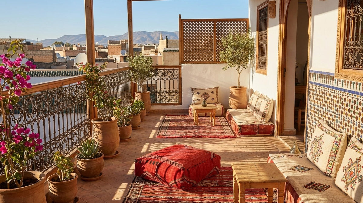 View of vintage Moroccan red kilim pouf cover 60x60 cm in a riad 
terrace