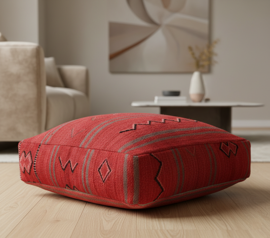 close up view of vintage Moroccan deep red kilim pouf cover 60x60 cm 