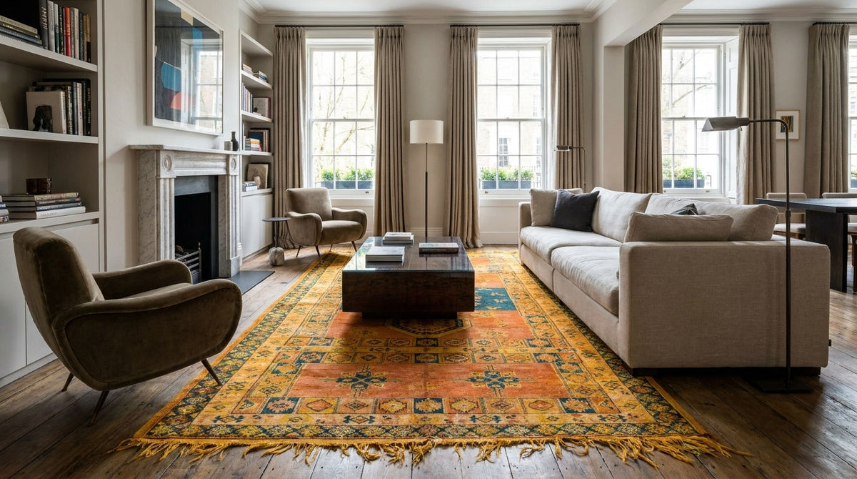 A large traditional oriental area rug with orange, yellow, and blue patterns on a dark wood floor in a bright, modern living room with a beige sofa and armchair.