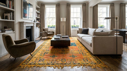 A large traditional oriental area rug with orange, yellow, and blue patterns on a dark wood floor in a bright, modern living room with a beige sofa and armchair.