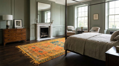 A styled bedroom interior featuring a large four-poster bed with beige bedding, a colorful orange and blue patterned area rug, a dark wood chest of drawers, a fireplace with a mirror, and tall windows with sheer drapes.This one-of-a-kind 1970s vintage Moroccan wool rug was hand-knotted by a Berber woman artisan in the High Atlas Mountains of Morocco using traditional Taznakht rug-making techniques.