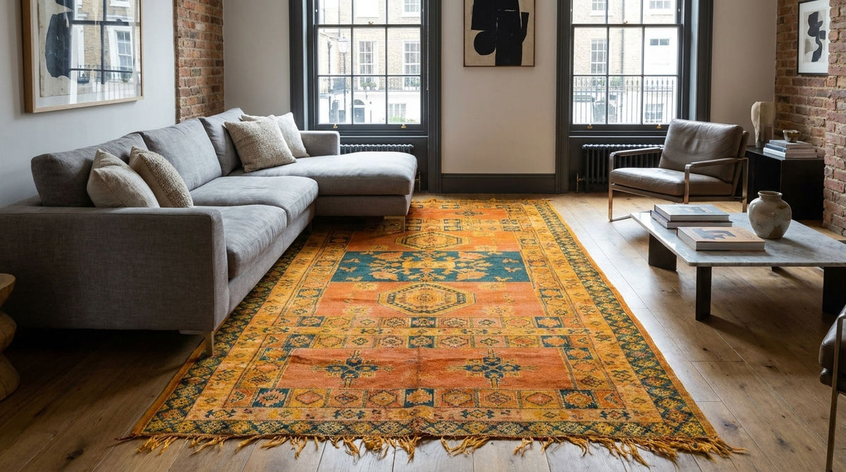 This one-of-a-kind 1970s vintage Moroccan wool rug was hand-knotted by a Berber woman artisan in the High Atlas Mountains of Morocco using traditional Taznakht rug-making techniques.