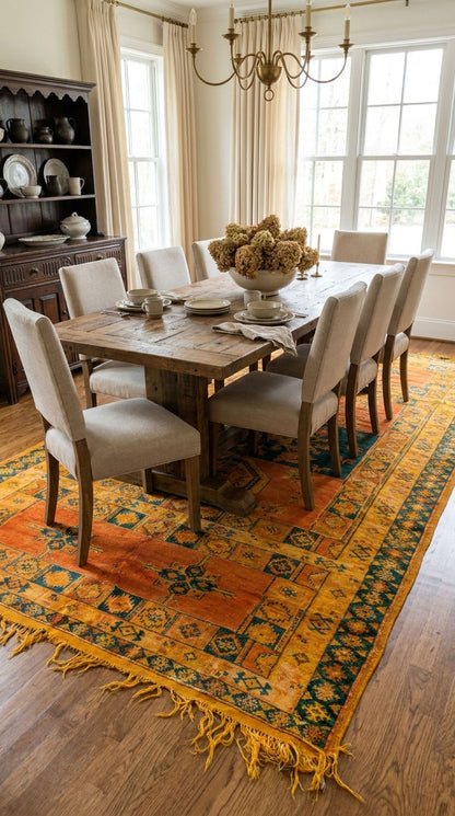 A rustic wooden dining table surrounded by upholstered chairs on a large orange and yellow patterned area rug in a bright dining room.