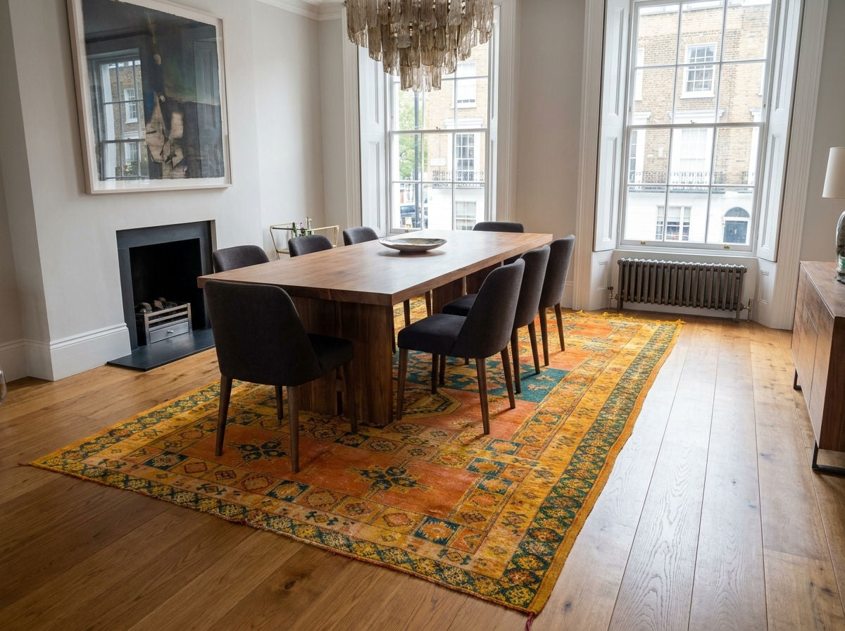 A dining room scene with a rectangular wooden dining table and six dark upholstered chairs placed on a large patterned area rug. The room has light wood floors, tall windows, a fireplace, and a chandelier overhead.