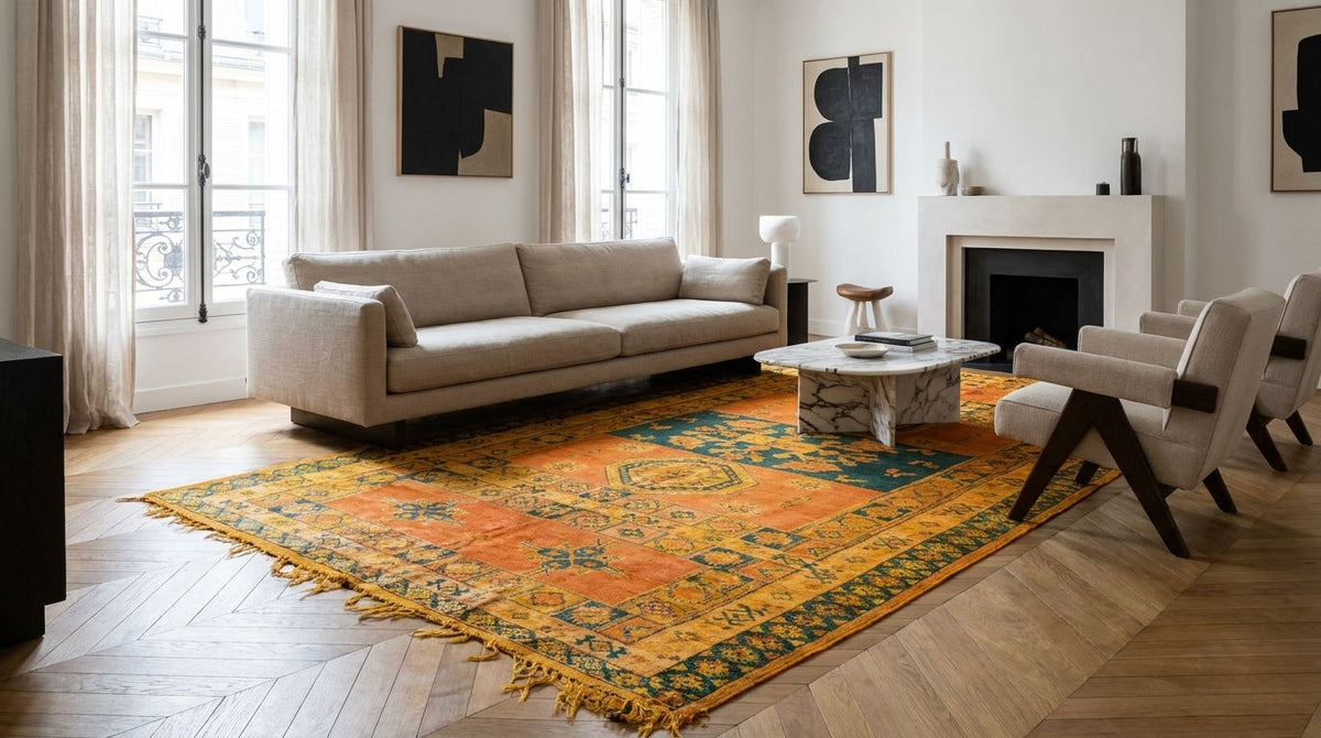 A large vintage-style oriental area rug with orange, yellow, and blue patterns and fringed edges, styled in a bright, modern living room with a beige sofa and wooden floors.