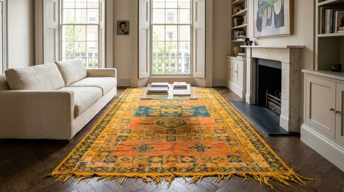 A large vintage-style area rug with a distressed orange, yellow, and teal medallion pattern and fringe, displayed in a bright, modern living room with a cream sofa and fireplace.
This one-of-a-kind 1970s vintage Moroccan wool rug was hand-knotted by a Berber woman artisan in the High Atlas Mountains of Morocco using traditional Taznakht rug-making techniques.