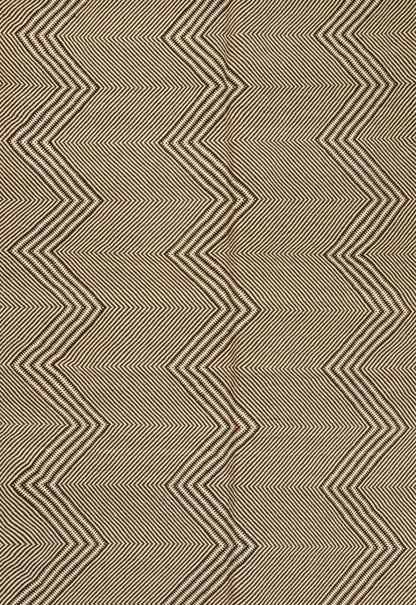 A close-up of a zigzag Zanafi rug in warm beige and brown tones, showing a repeating chevron design made of fine parallel lines.