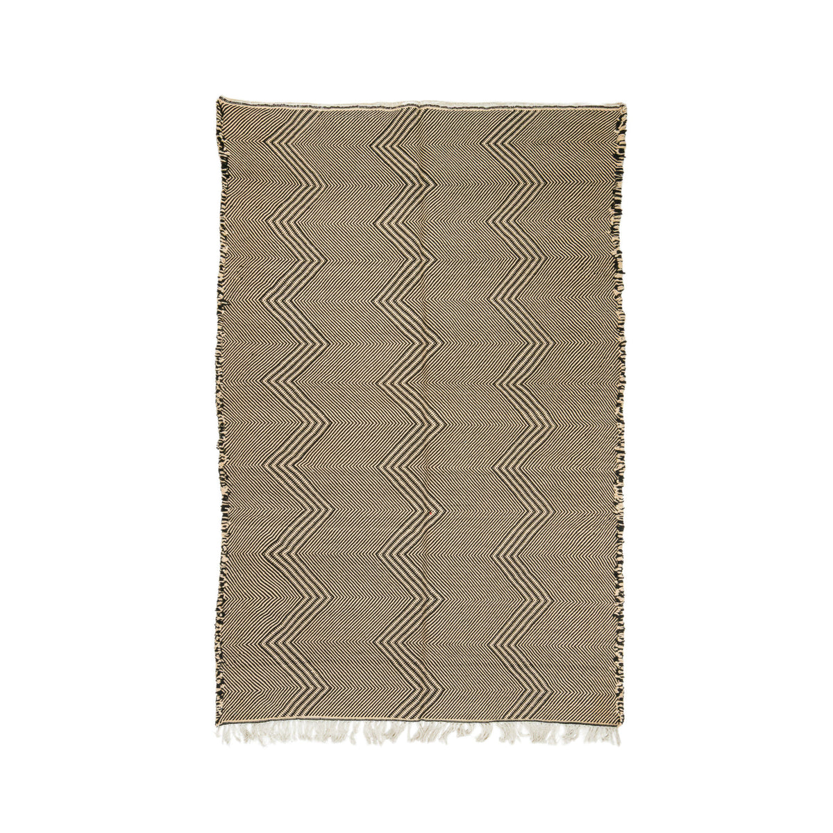 A rectangular Zanafi rug with a taupe-brown base and cream zigzag stripes, finished with fringed edges, shown flat against a white background.