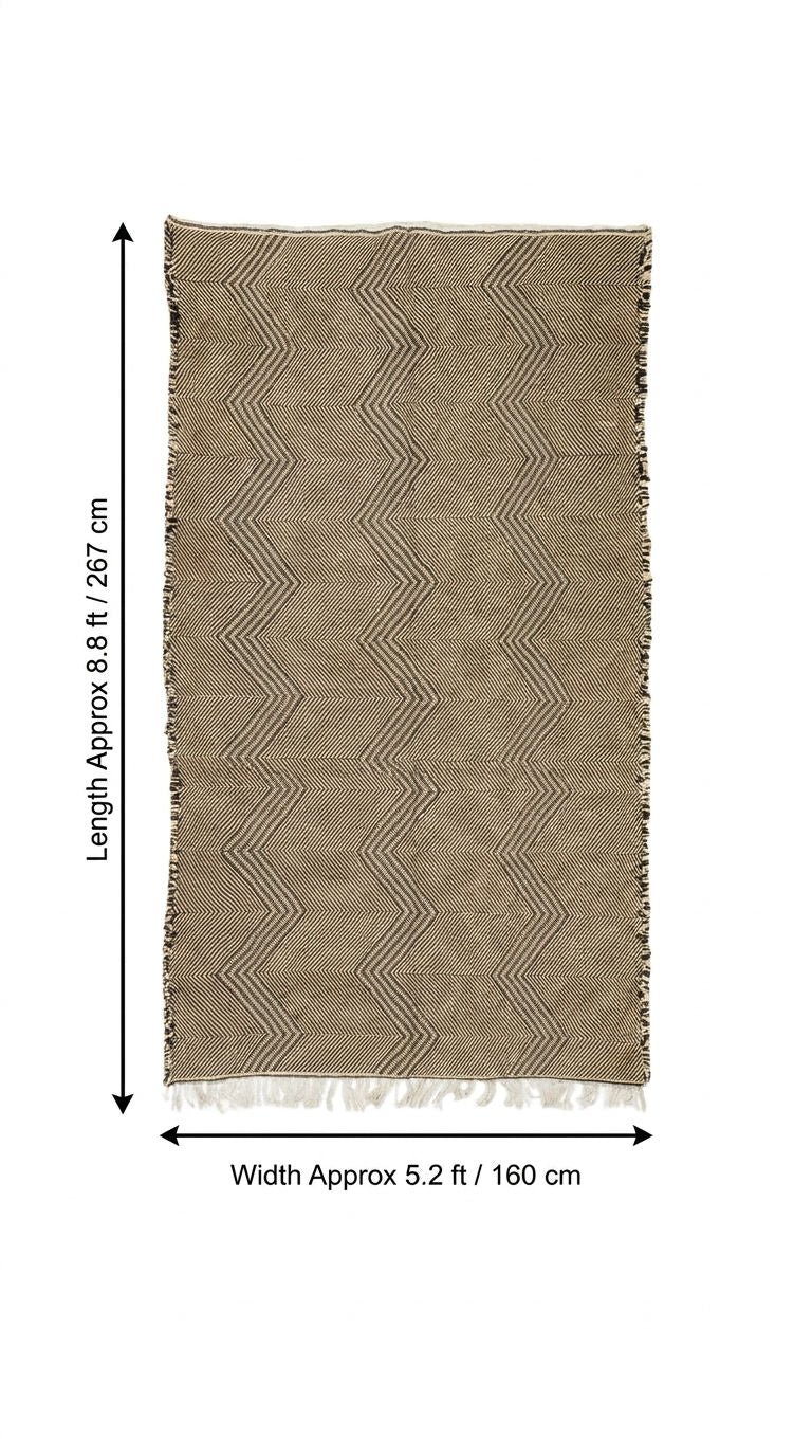 A Zanafi rug shown flat against a white background with dimension arrows and text indicating a length of approximately 8.8 ft (267 cm) and a width of approximately 5.