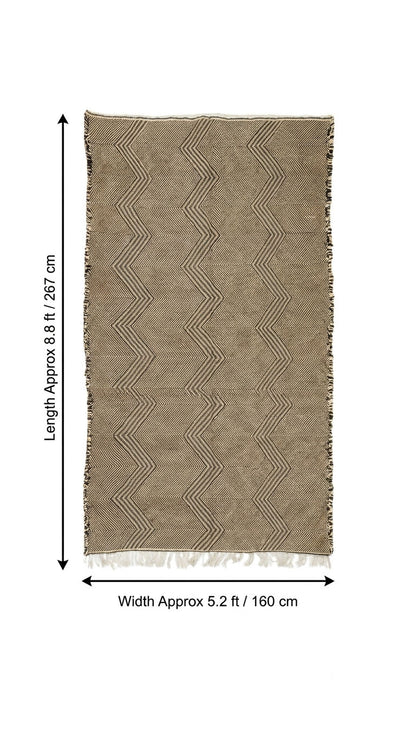 A Zanafi rug shown flat against a white background with dimension arrows and text indicating a length of approximately 8.8 ft (267 cm) and a width of approximately 5.