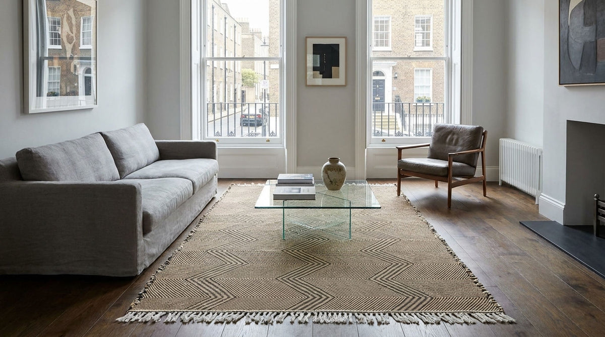 A Moroccan Zanafi rug in a modern living room featuring the large beige and brown geometric patterned area rug with fringe, styled with a gray sofa, a glass-top coffee table, and a wooden armchair.