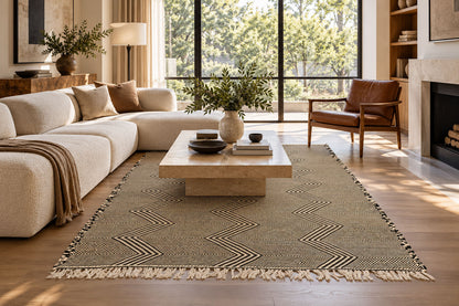 A large woven area rug with a beige and brown geometric chevron pattern and fringe, styled in a bright, modern living room with a light beige sectional sofa, wooden coffee table, and large windows.