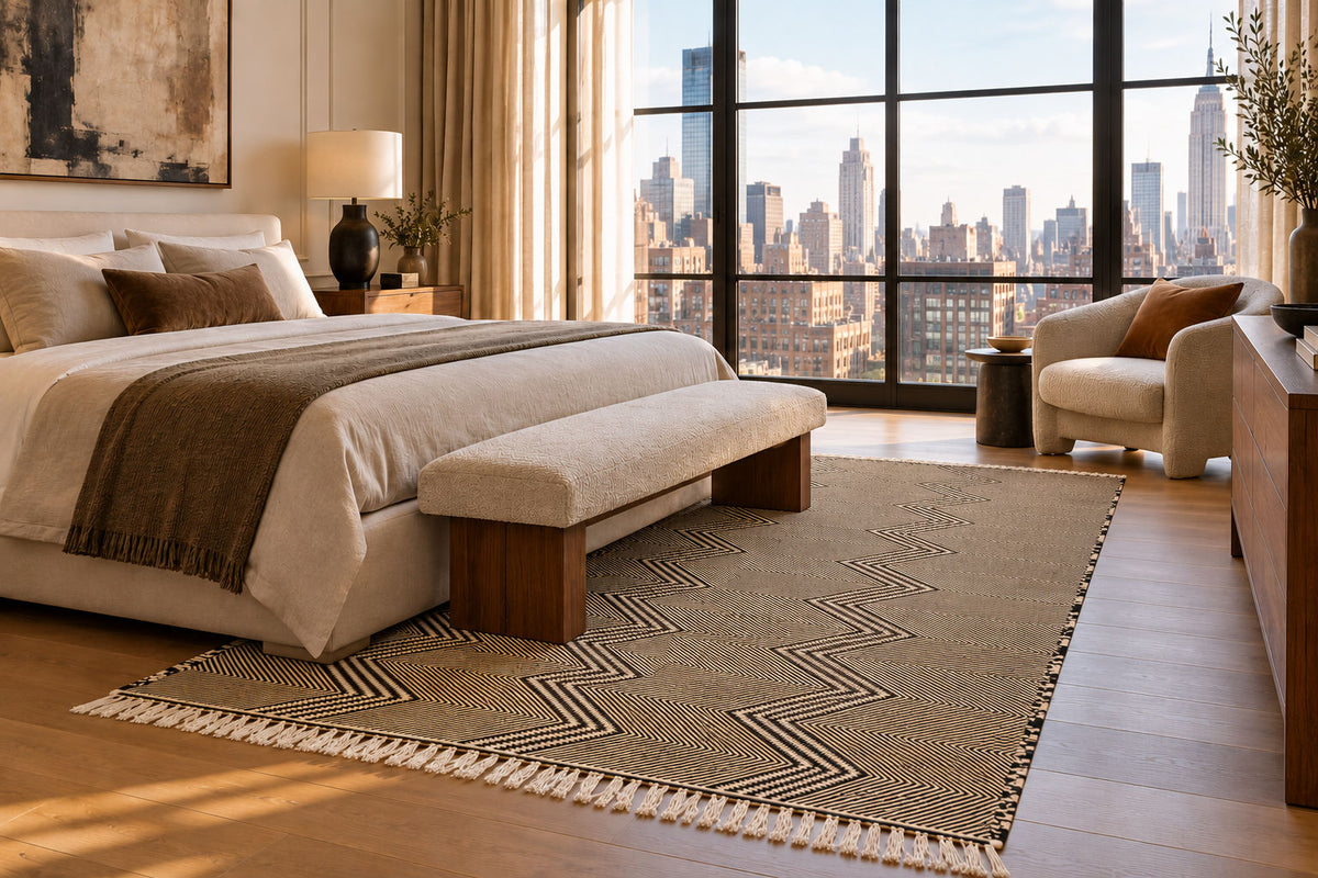 A styled bedroom interior featuring a large woven area rug with a geometric chevron pattern and fringe, placed under a bed with a matching upholstered bench. The room has warm wood floors, beige curtains, a city skyline view through large windows, and a cream armchair.