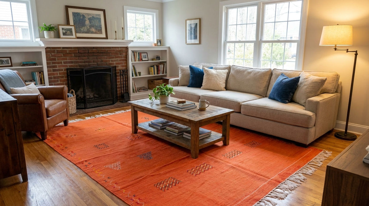Moroccan Berber Wool Rug – Handwoven Flatweave Embroidered, 240 x 146 cm / 7.9 x 4.8 ft