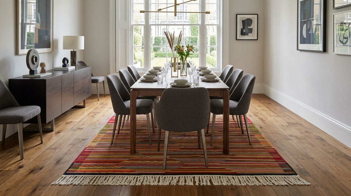 A dining room scene with a rectangular wooden dining table surrounded by gray upholstered chairs on a colorful striped area rug with fringe, set in a bright room with hardwood floors and large windows.