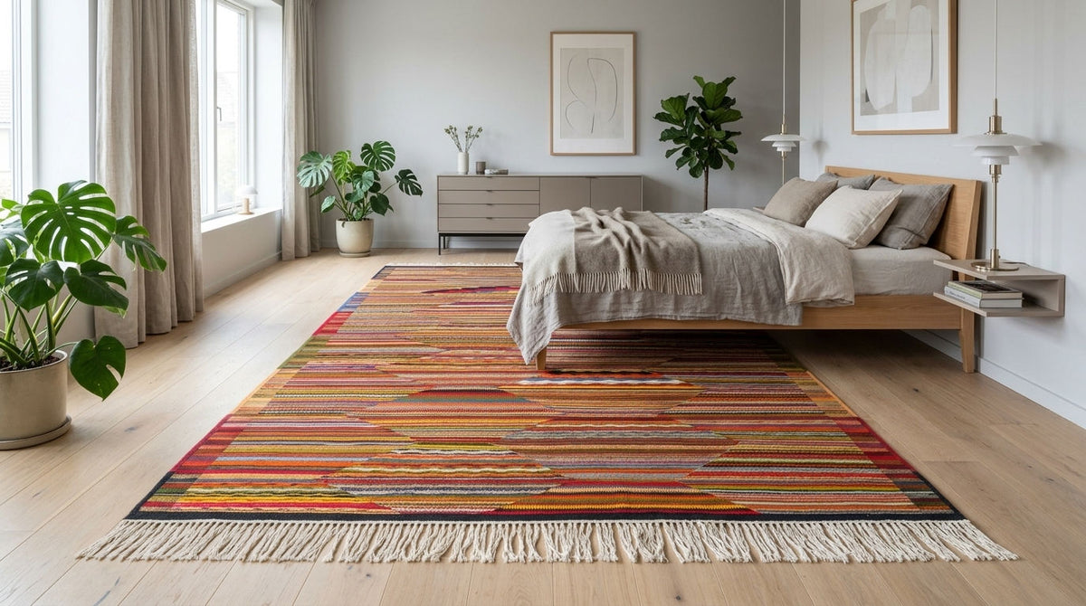 A colorful striped area rug with cream fringe is styled in a modern, bright bedroom with a wooden bed, plants, and light wood floors.