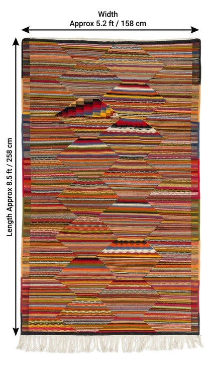 A multicolor striped woven rug with a geometric diamond pattern and white fringe, shown with dimension arrows indicating a width of approximately 5.2 ft (158 cm) and a length of approximately 8.5 ft.