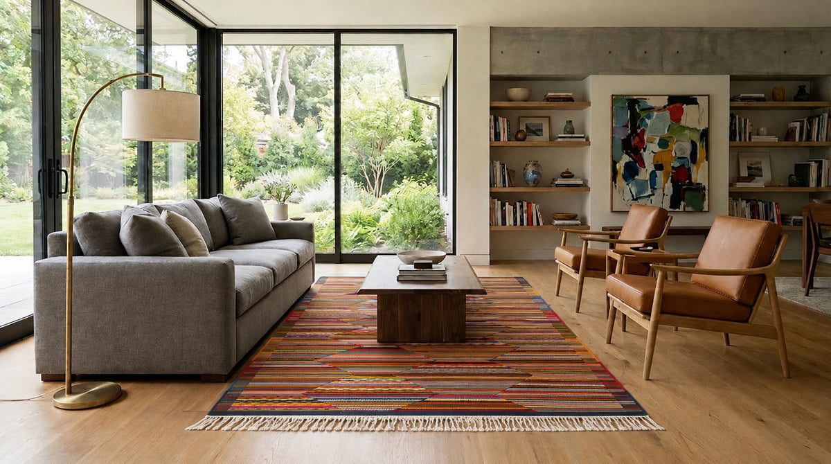 A modern living room featuring a colorful striped fringed area rug under a gray sofa, with a wooden coffee table, two brown leather armchairs, a tall floor lamp, and large windows looking out to greenery.