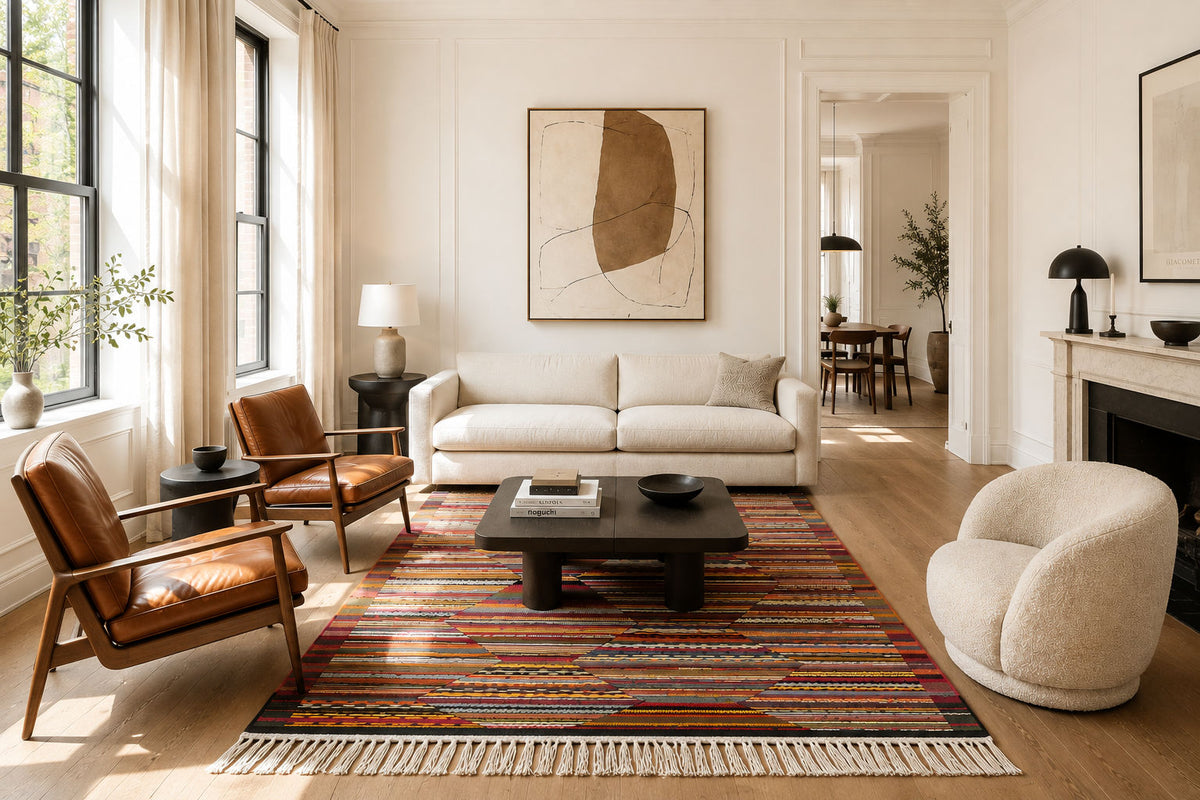 A styled living room featuring a large multicolor striped area rug with fringe, a cream sofa, two leather armchairs, a dark wood coffee table, and a cream boucle accent chair in a bright, modern interior.