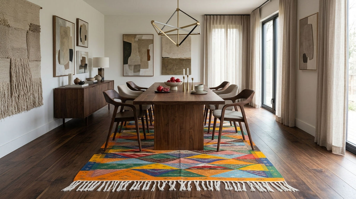 A colorful geometric moroccan Taznakht area rug with white fringe is styled in a modern dining room setting under a wooden dining table and chairs.