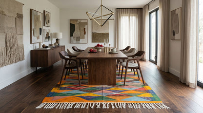 A colorful geometric moroccan Taznakht area rug with white fringe is styled in a modern dining room setting under a wooden dining table and chairs.