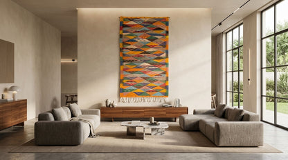 A large moroccan rug as a colorful geometric wall art piece hangs in a modern living room above a wooden console table, flanked by two gray sectional sofas and large windows.