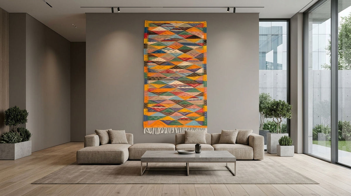Product Title: Moroccan Berber Wool Rug – Handwoven Reversible Taznakht Kilim, 256 x 147 cm / 8.4 x 4.8 ft