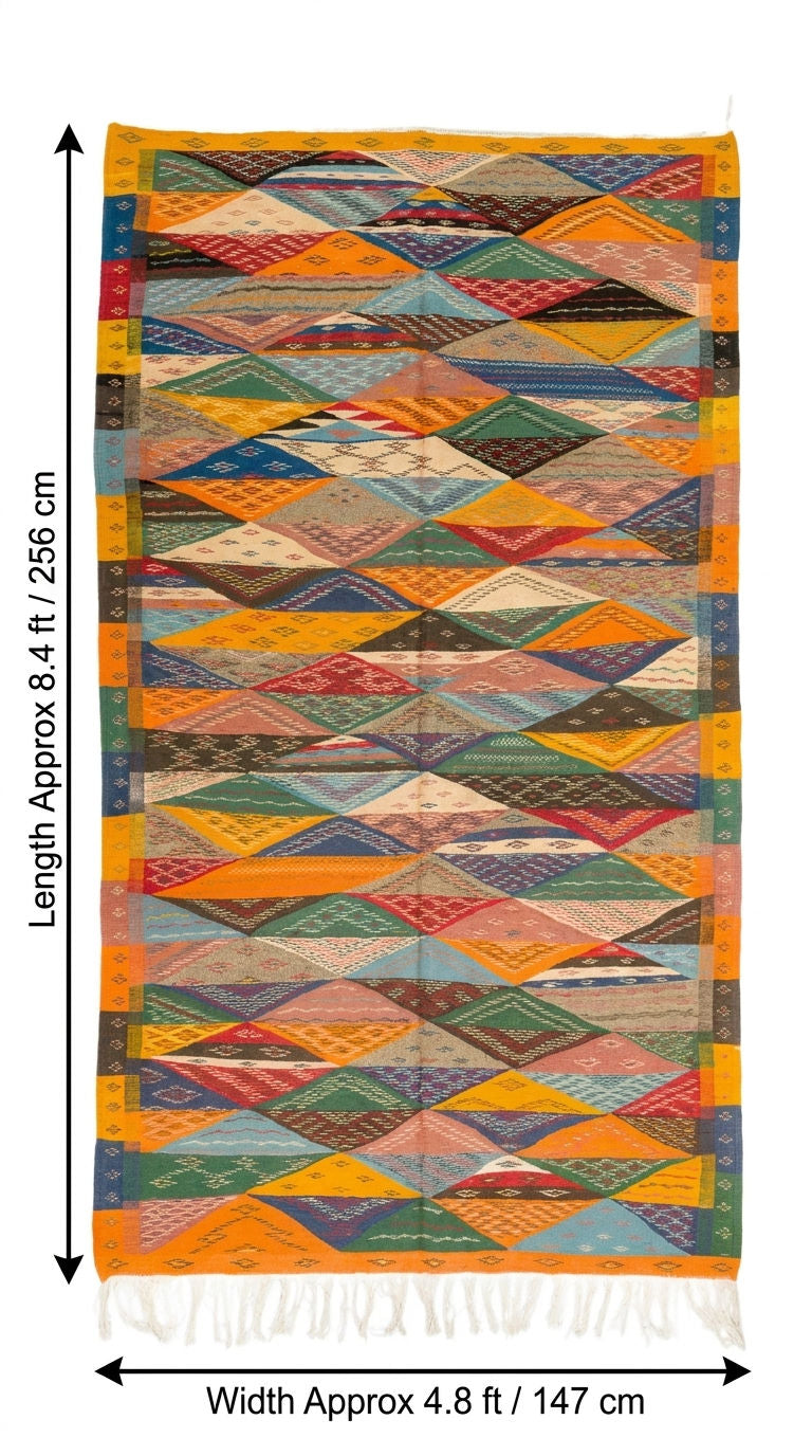 A flat-laid multicolor geometric moroccan kilim rug with white fringe on the bottom and black dimension arrows indicating a length of approximately 8.4 ft (256 cm) and a width of approximately 4.